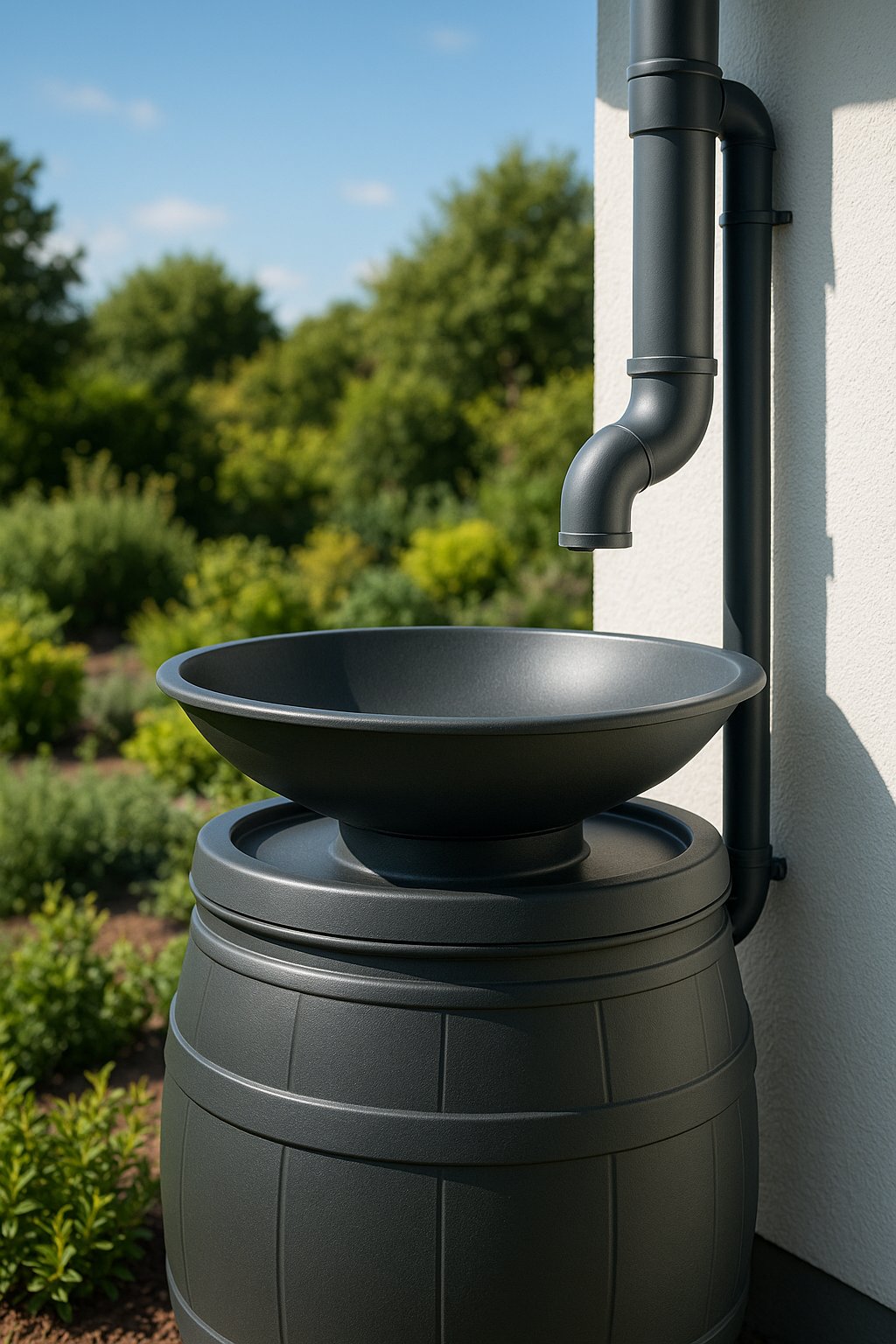 A rain barrel with a basin on top in a garden, surrounded by plants and flowers, catching and slowing rainwater flow.