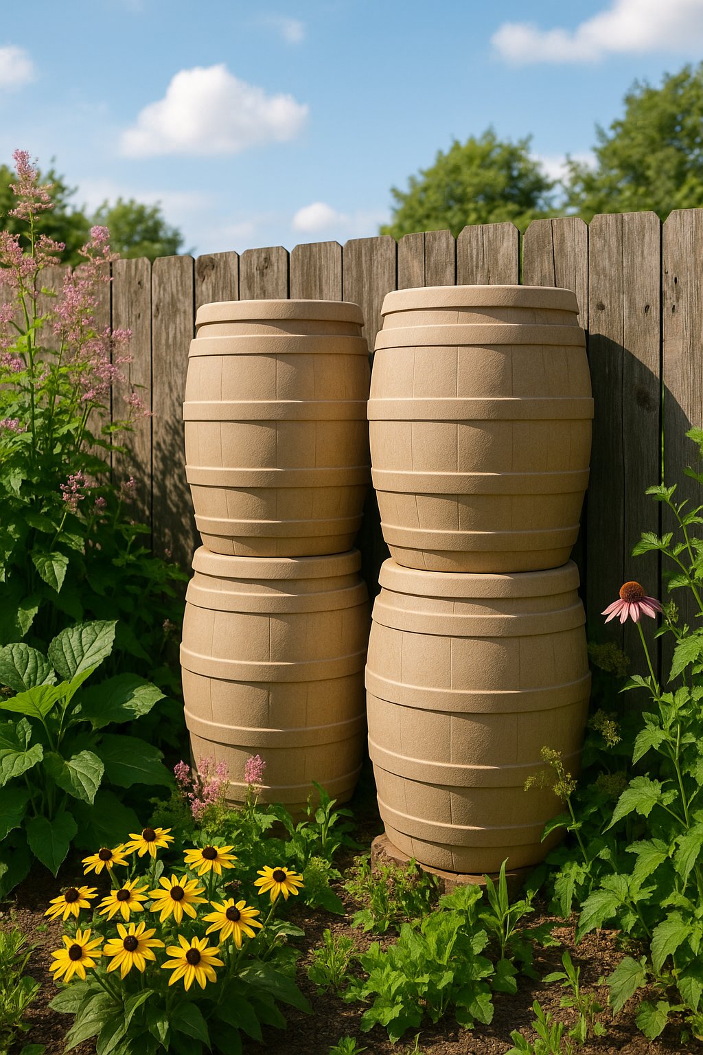 A garden with several rain barrels stacked vertically next to a wooden fence, surrounded by green plants and flowers under a sunny sky.