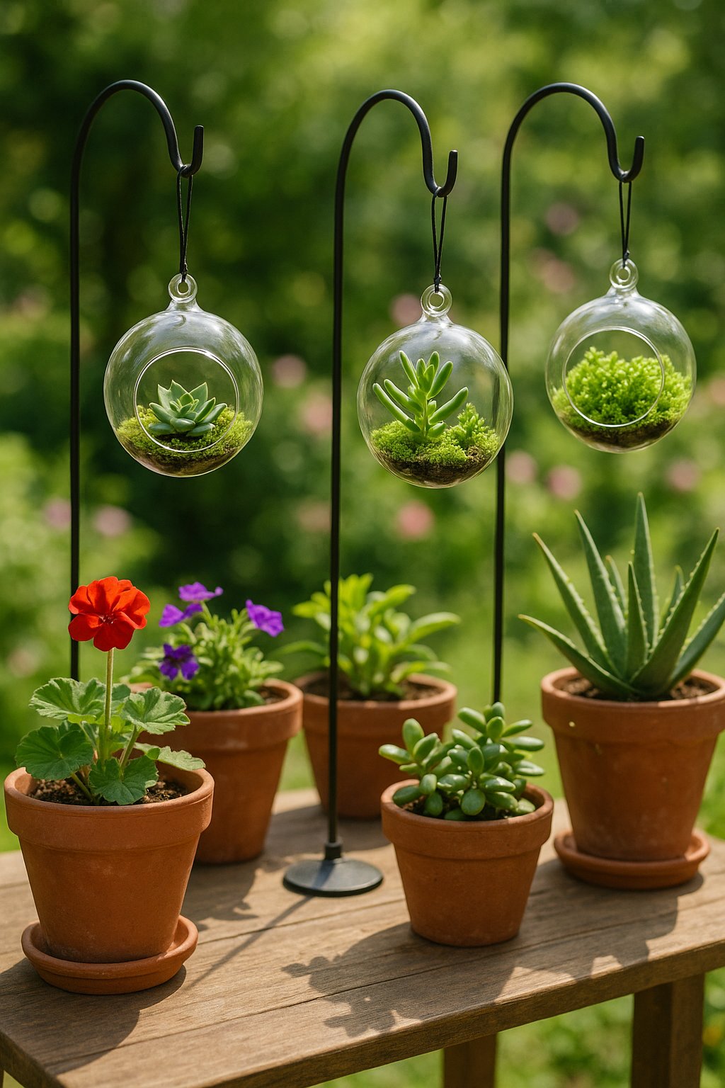A group of hanging glass terrariums containing colorful flowering plants outdoors among green foliage.