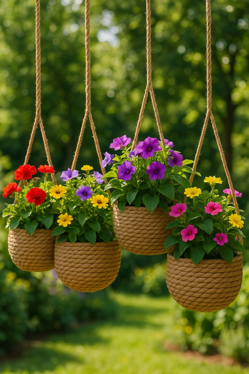 Multiple hanging rope basket planters filled with colorful flowers and green plants outdoors in a garden setting.
