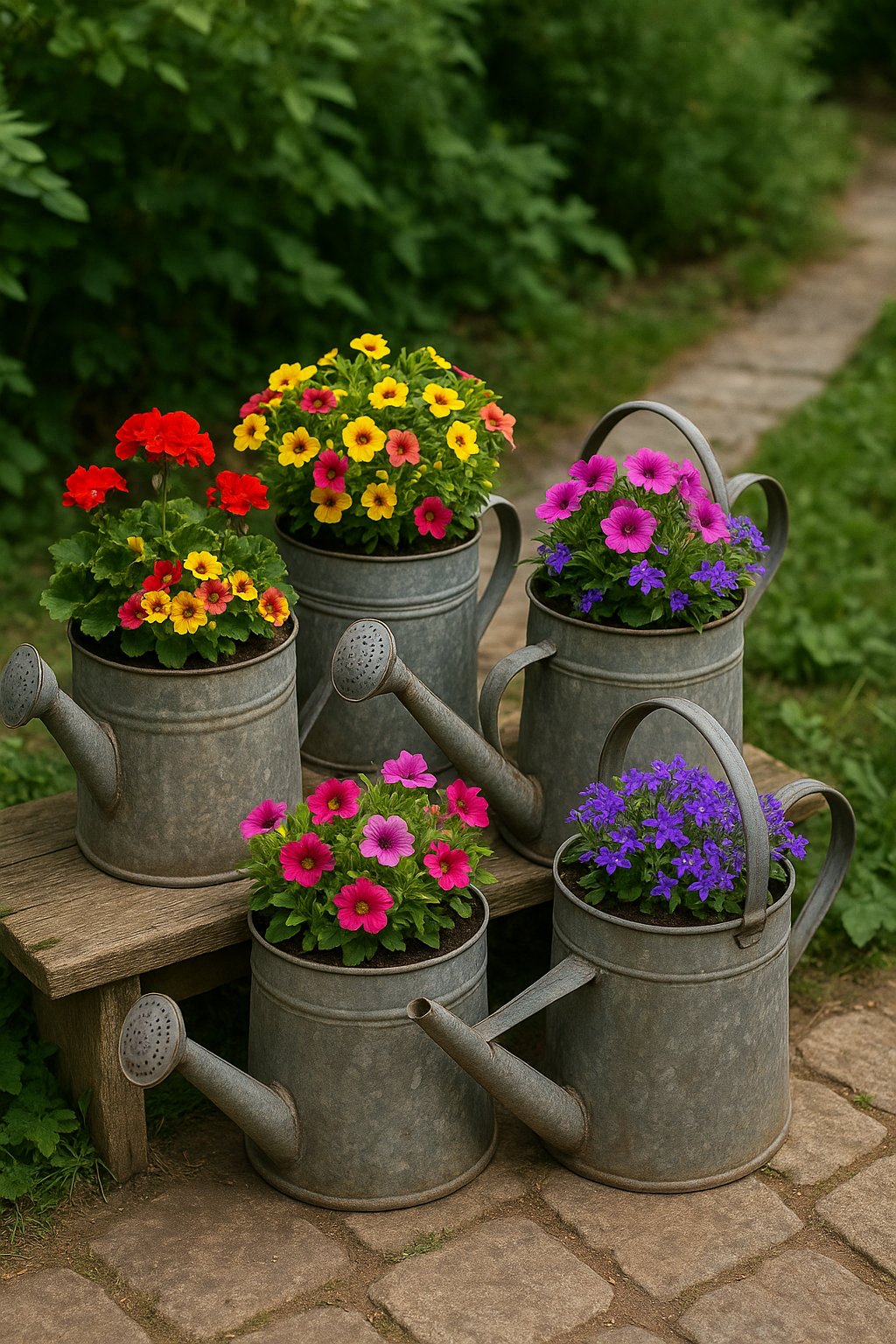 Old metal watering cans used as flower pots filled with colorful blooming flowers arranged outdoors on a bench and stone pathway surrounded by green plants.