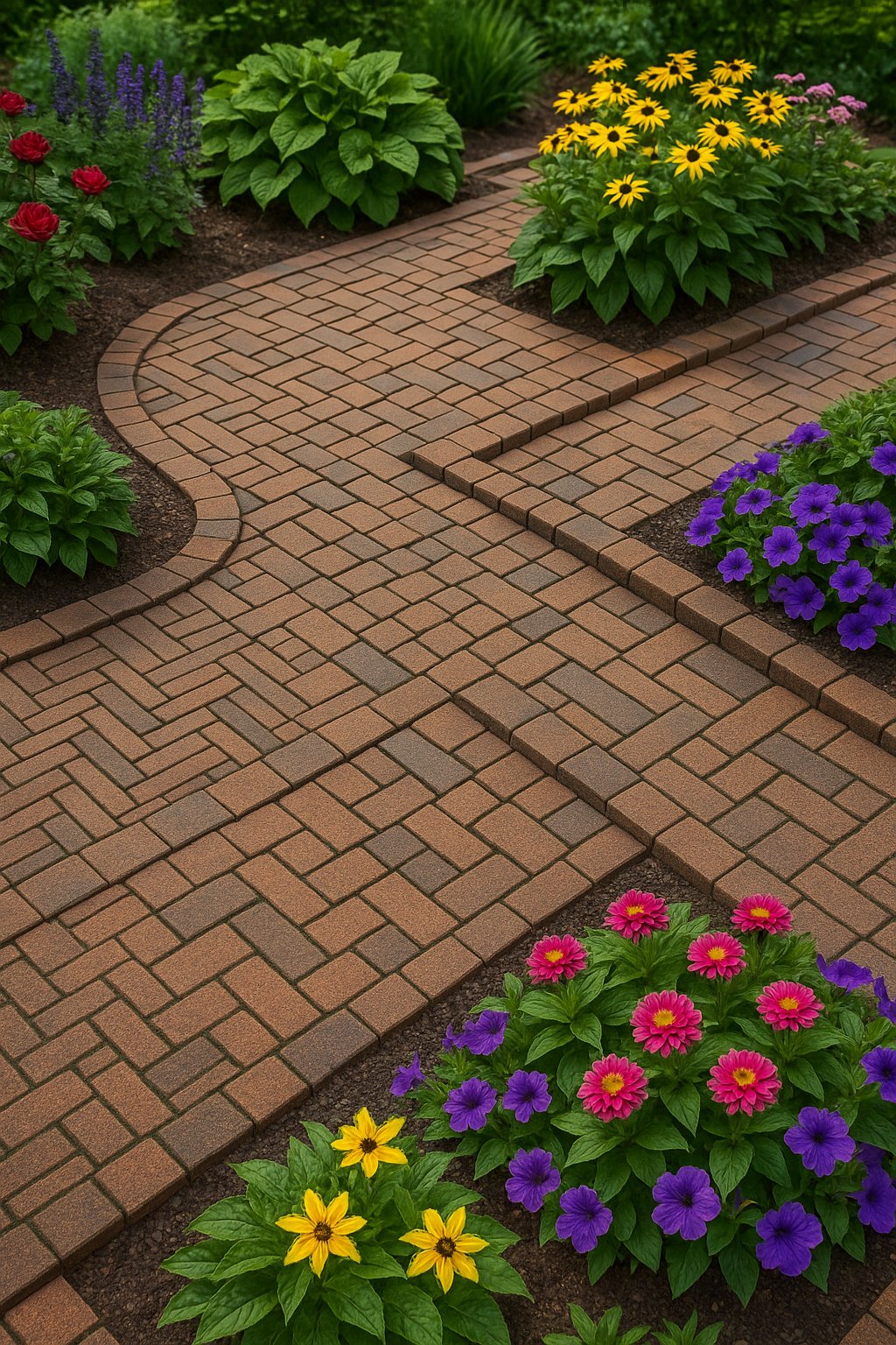 A garden with various brick paver patterns forming borders around green plants and colorful flowers