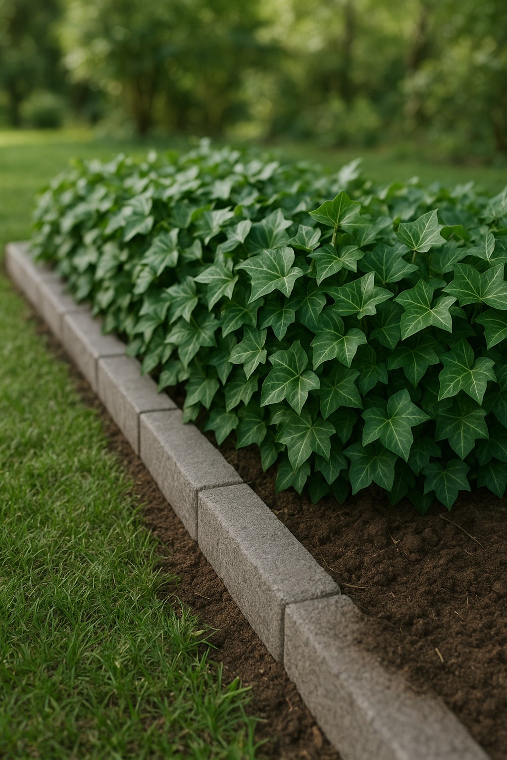 A garden border edged with sturdy green ivy plants surrounding a flower bed.