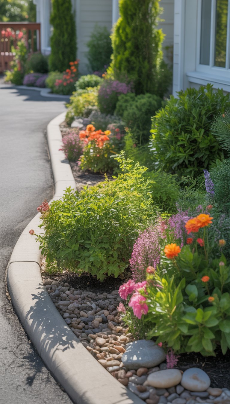 End of Driveway Landscaping Ideas featuring A colorful array of plants and flowers line the edge of a driveway, with neatly trimmed bushes and decorative rocks adding to the landscaping