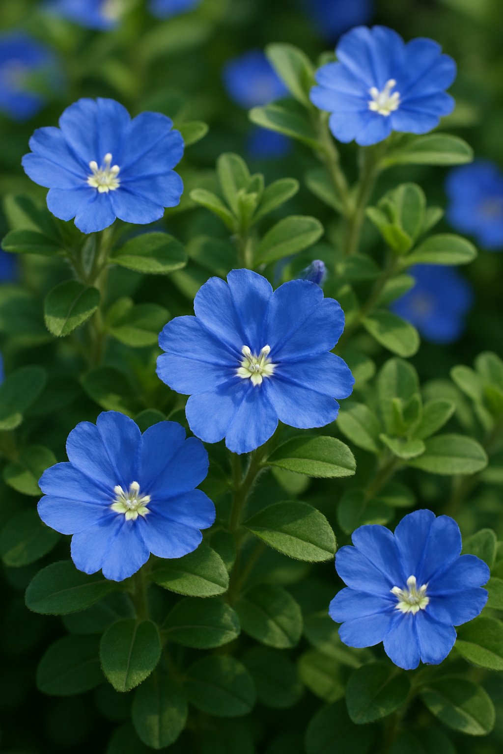 A close-up view of blue Evolvulus Florida Fun Sun flowers with green leaves.