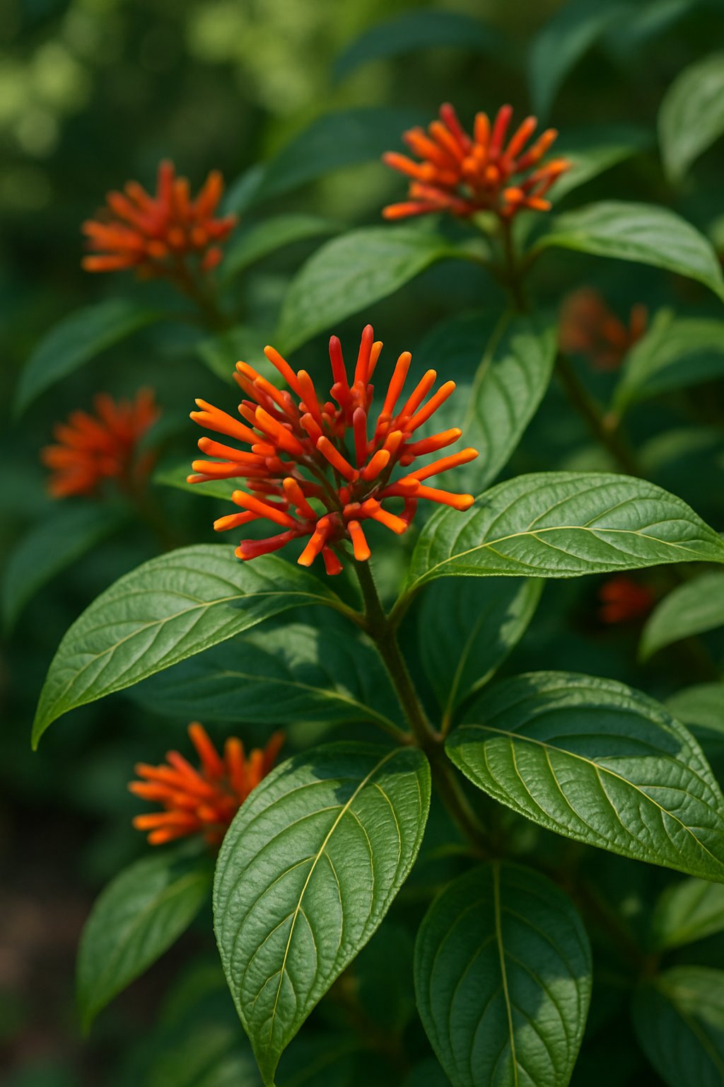 Close-up of a Firebush plant with bright orange-red tubular flowers and green leaves in natural light.