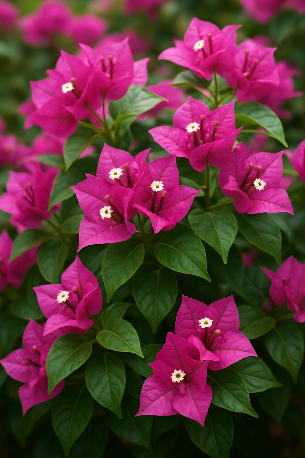 Close-up of vibrant magenta-pink bougainvillea flowers with green leaves.