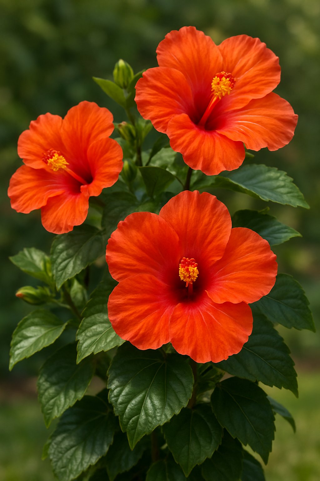 A close-up of a blooming Hibiscus 24 Florida Fun Sun plant with bright red and orange flowers and green leaves.