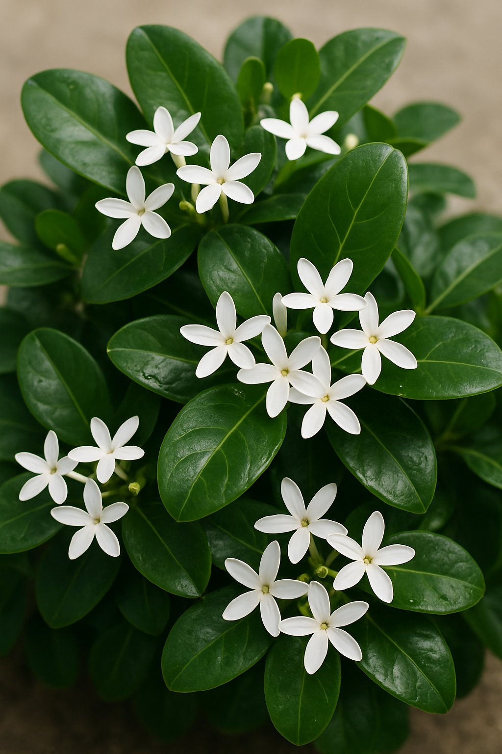 A close-up view of a Carissa 24 Florida Fun Sun plant with dark green leaves and small white flowers clustered among the foliage.
