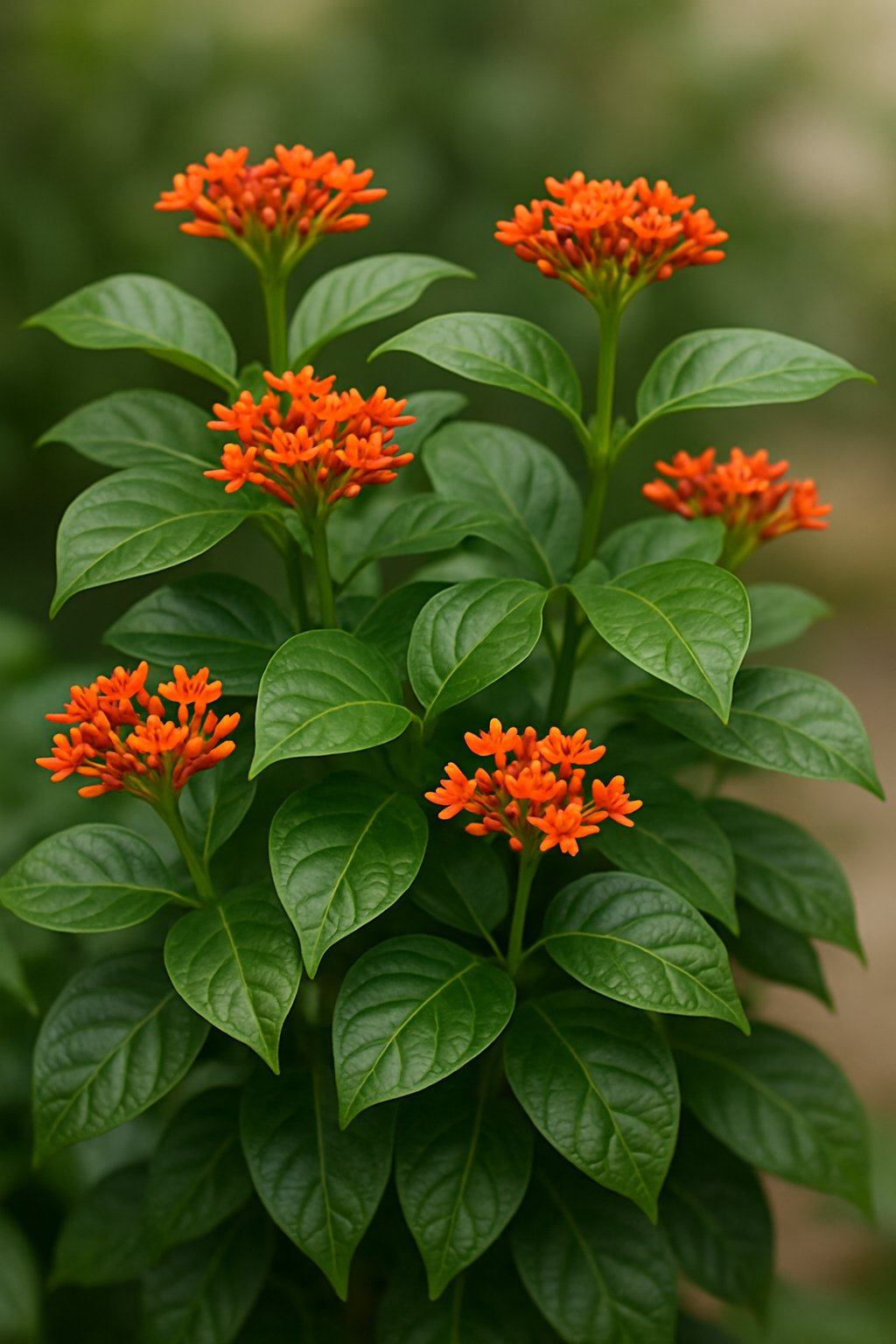 A close-up view of Jatropha Florida Fun Sun plants with green leaves and clusters of small orange-red flowers.