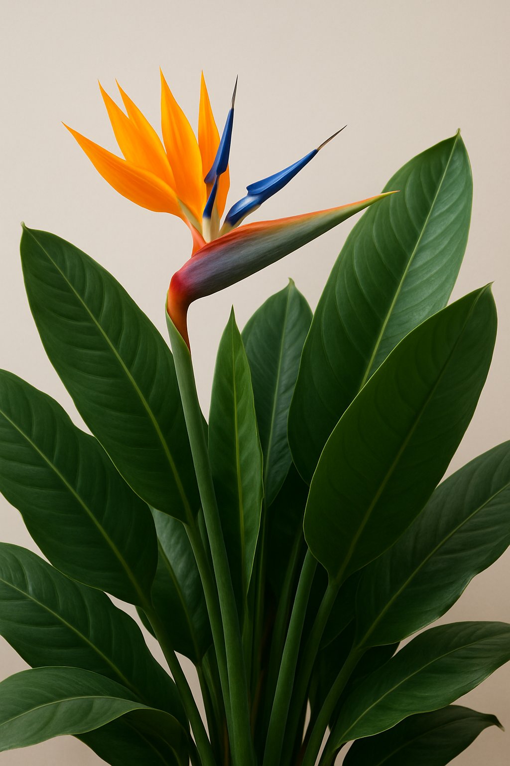 A Bird of Paradise plant with bright orange and blue flowers and large green leaves.