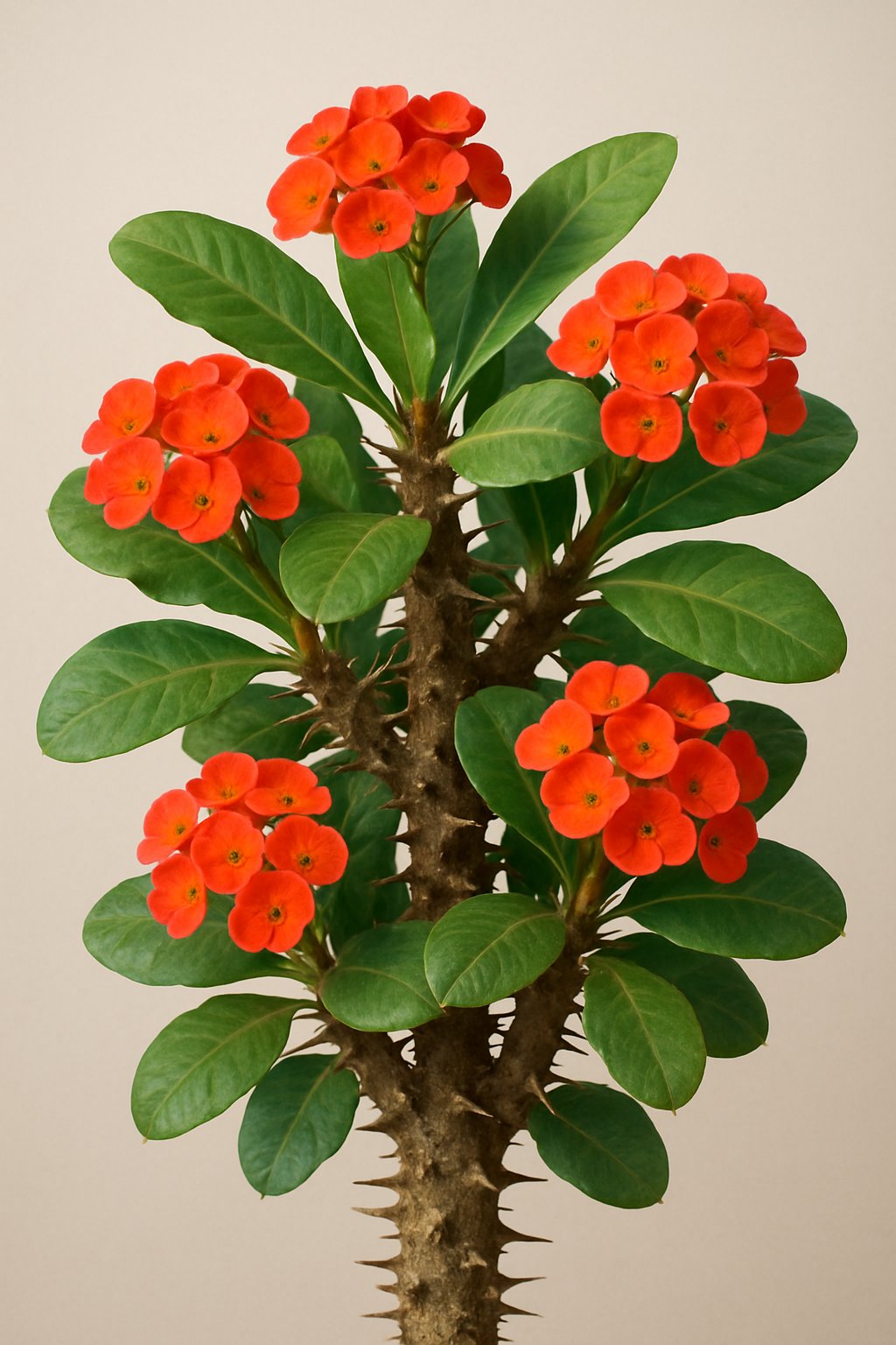 A close-up of a Crown of Thorns plant with green leaves, woody thorny stems, and bright red and orange flowers.