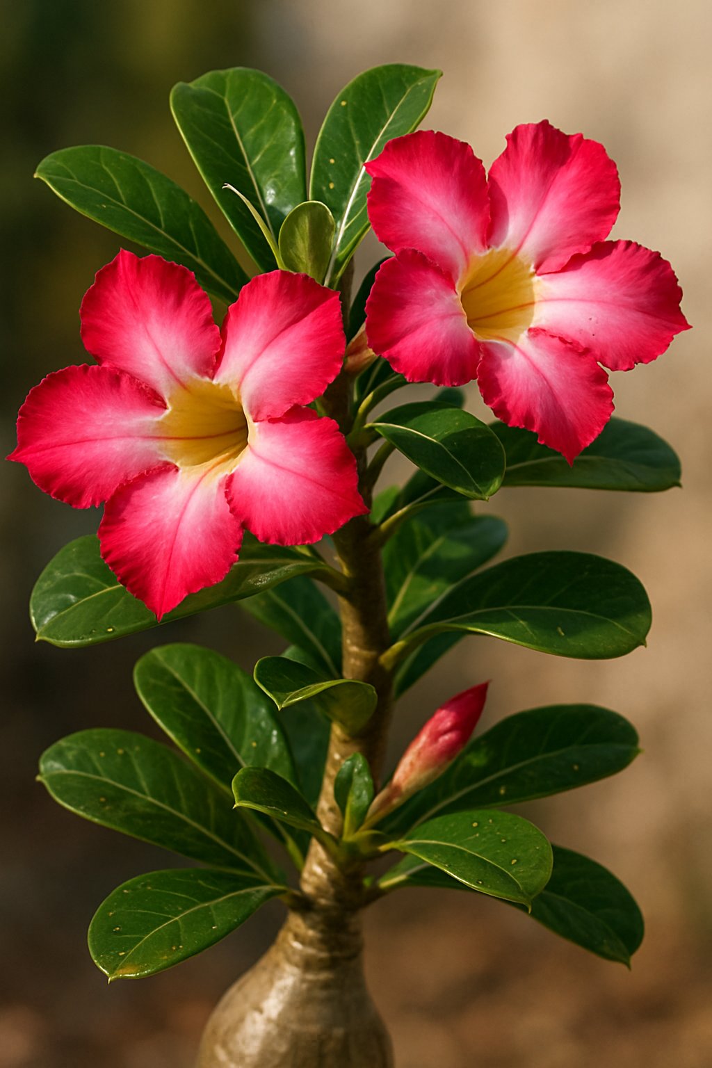 A close-up image of a Desert Rose plant with thick stems, green leaves, and pink and white trumpet-shaped flowers.
