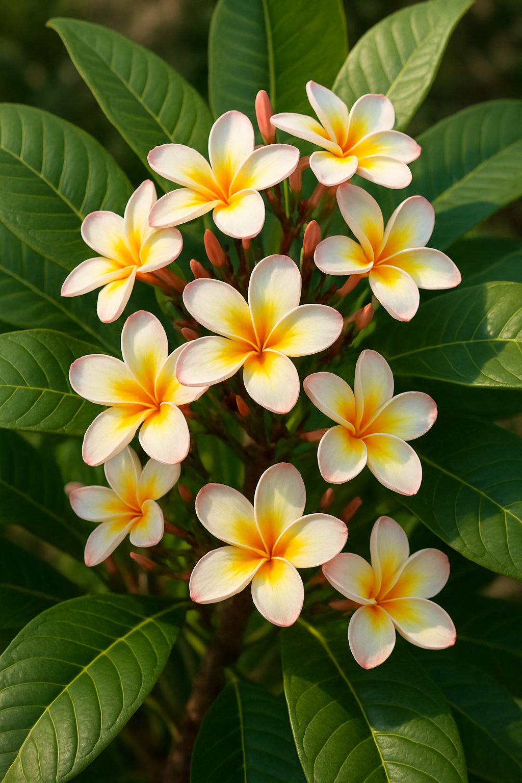 A close-up view of a Plumeria plant with green leaves and clusters of white and yellow flowers.