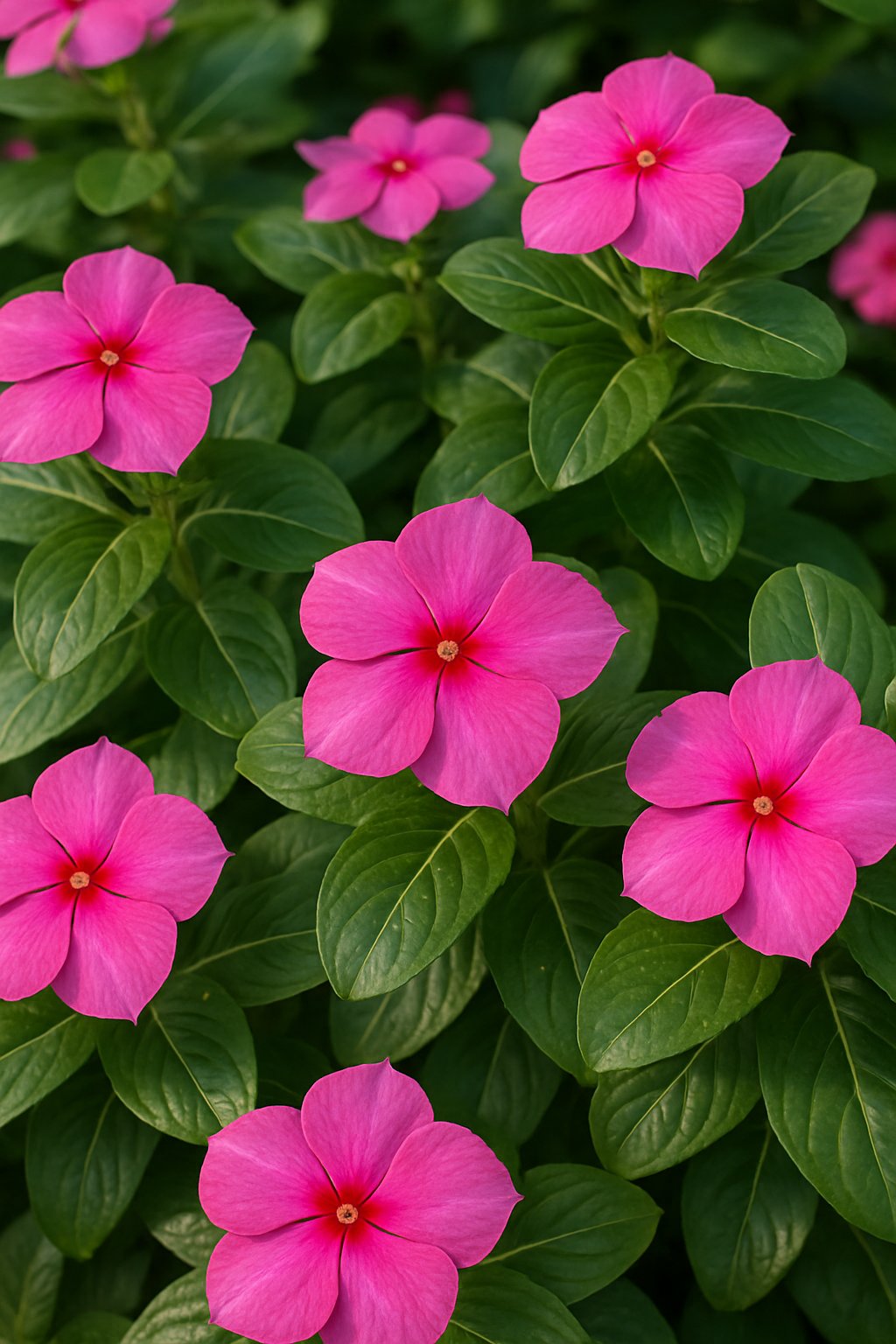 Close-up view of vibrant pink Vinca 24 Florida Fun Sun flowers with green leaves growing densely together.