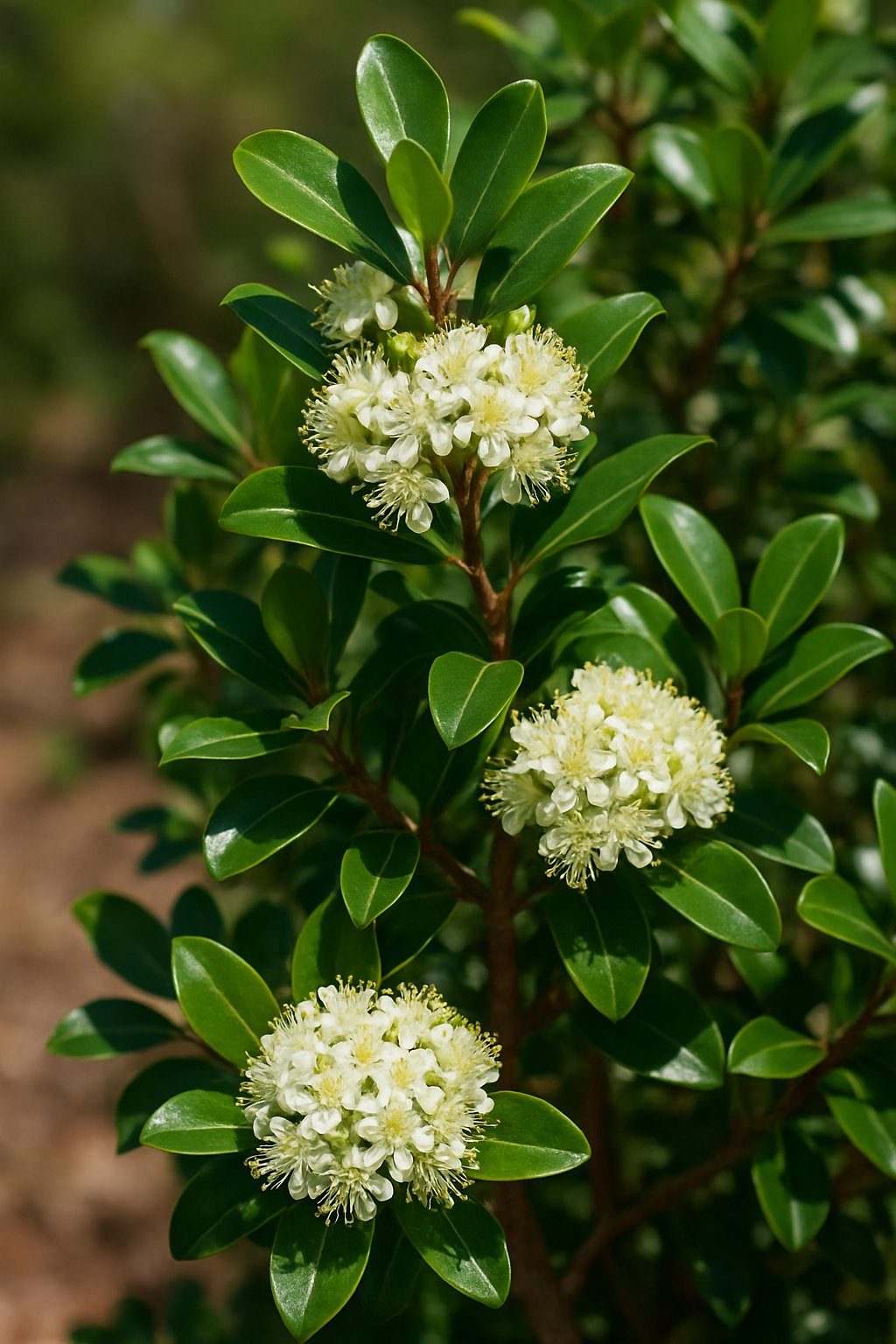 A close-up image of a Simpson's Stopper plant with green glossy leaves and clusters of small white flowers.