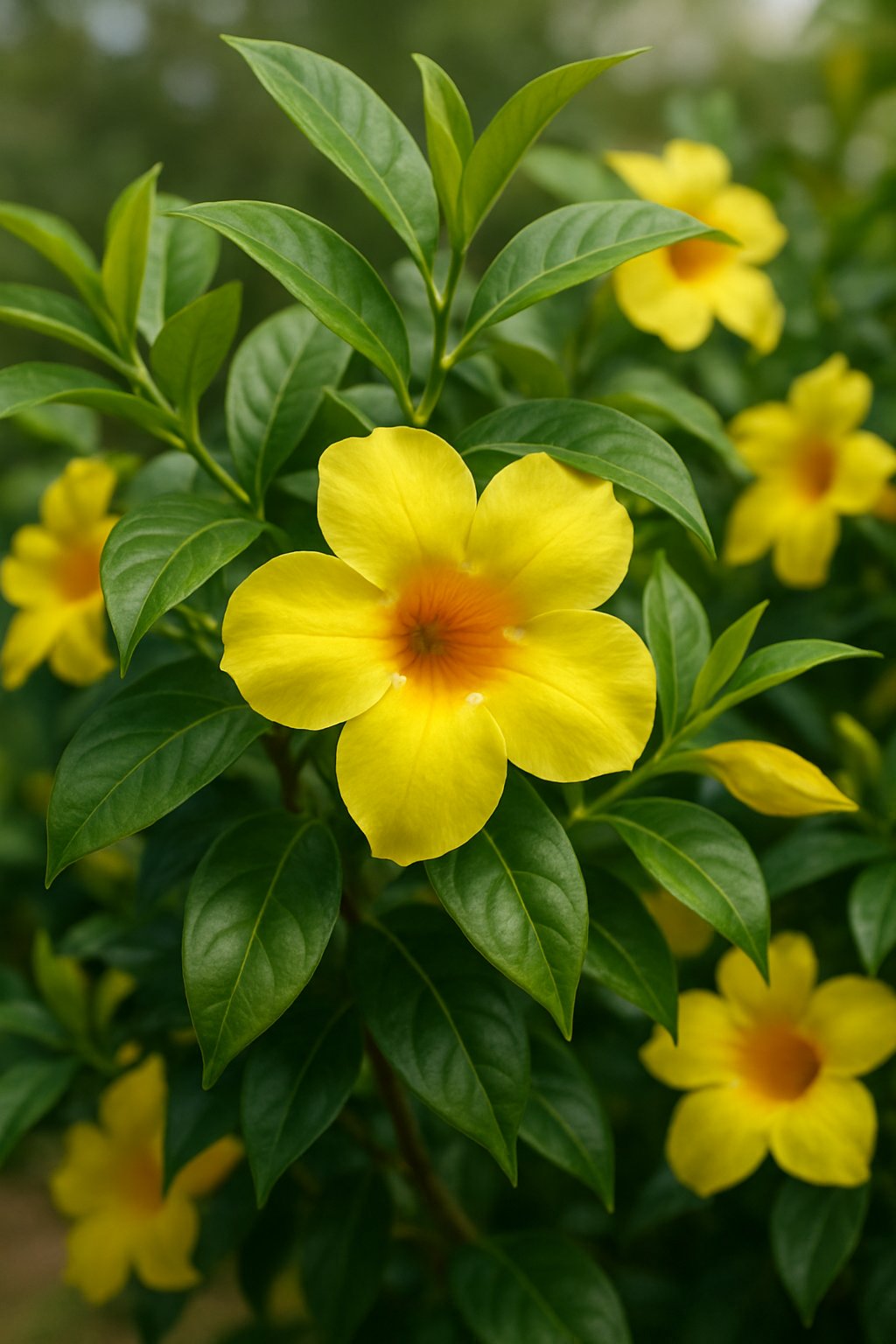 Close-up of a vibrant Allamanda vine with bright yellow trumpet-shaped flowers and glossy green leaves.