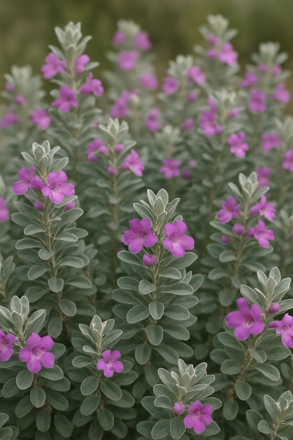 A group of 24 Texas Sage plants with silvery-green leaves and purple flowers arranged naturally.