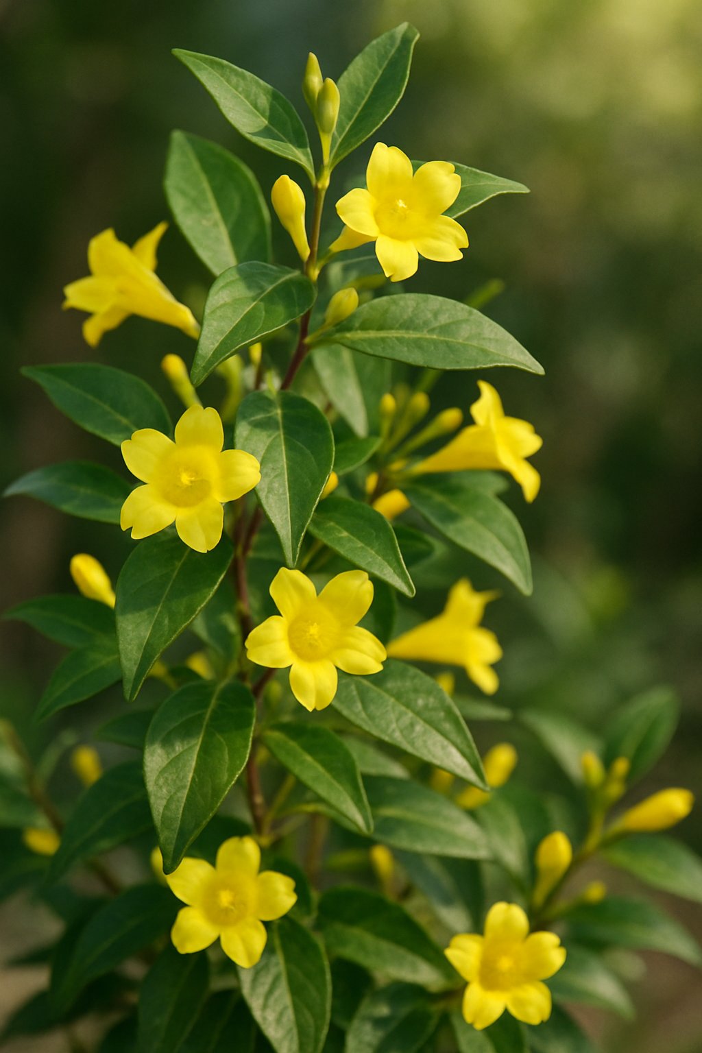 A close-up view of a Jessamine 24 Florida Fun Sun plant with green leaves and yellow flowers.