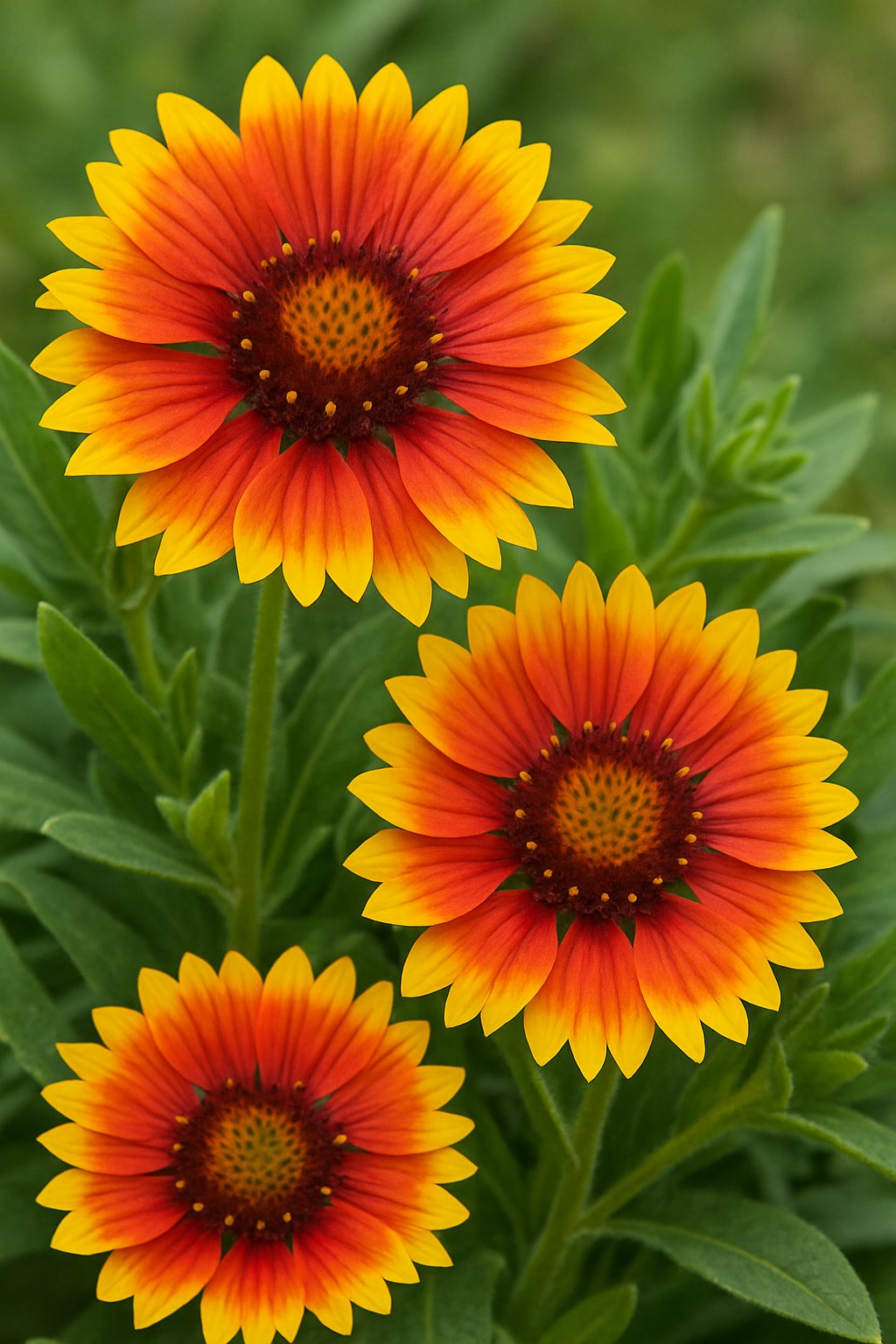 Close-up of a vibrant Blanket Flower plant with red, orange, and yellow petals and green leaves.