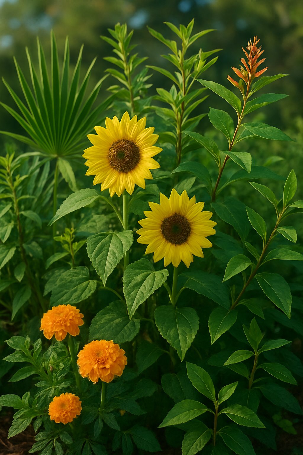 A group of bright sun-loving plants and flowers native to Florida with green leaves and yellow and orange blooms in natural outdoor light.
