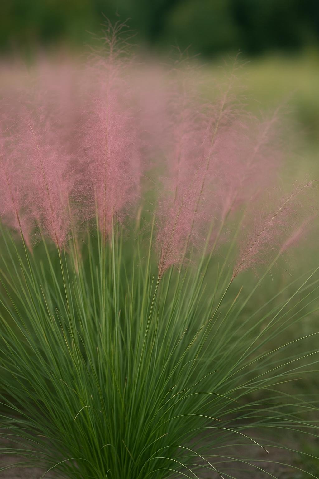 A close-up view of Muhly Grass with pinkish-purple plumes and green stems growing under bright sunlight.