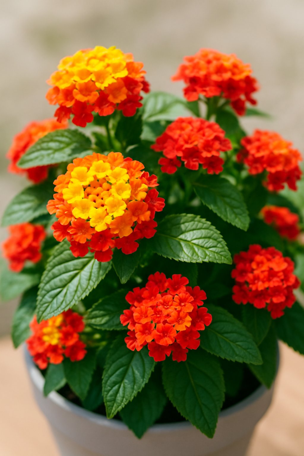 A close-up image of a Lantana Florida Fun Sun plant with clusters of yellow, orange, and red flowers and green leaves on a pot