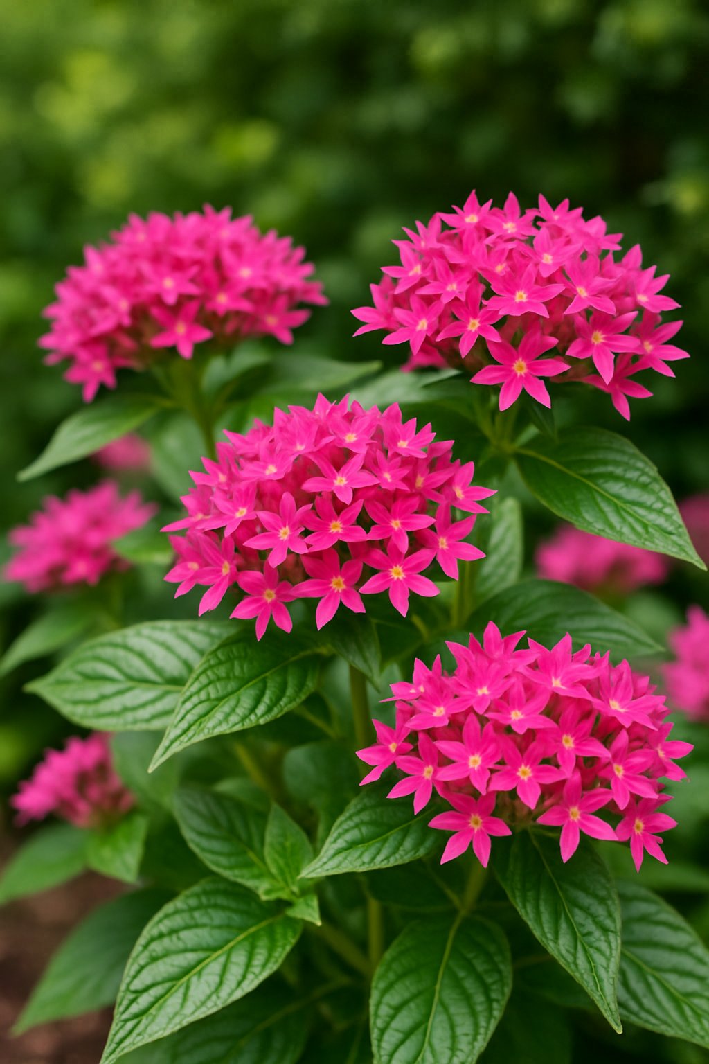 Clusters of bright Pentas Florida Fun Sun flowers with green leaves.