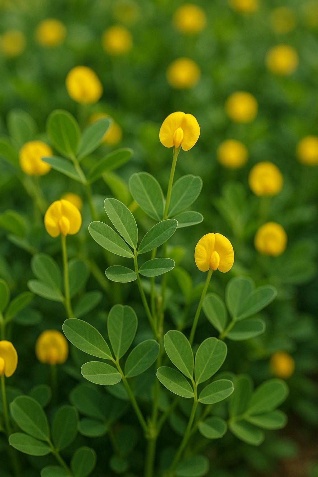 A Perennial Peanut plant with green trifoliate leaves and clusters of small yellow flowers.