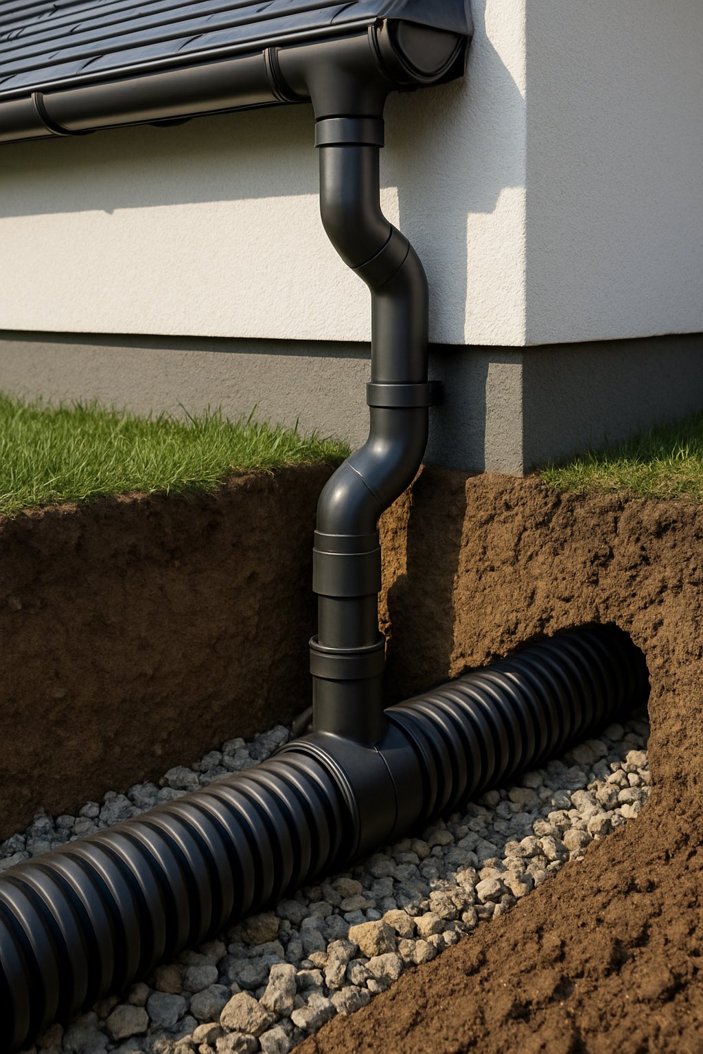Cross-sectional view of underground corrugated drainage pipes connected to a rain gutter system beside a house.