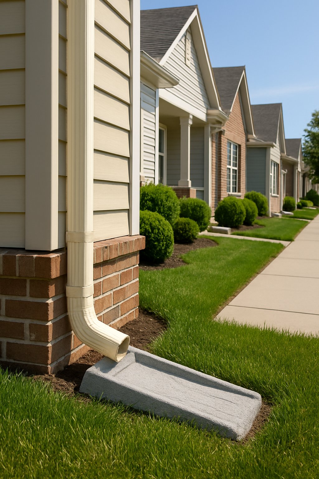 Multiple splash blocks installed at downspouts of houses directing rainwater away from foundations in a residential outdoor setting.