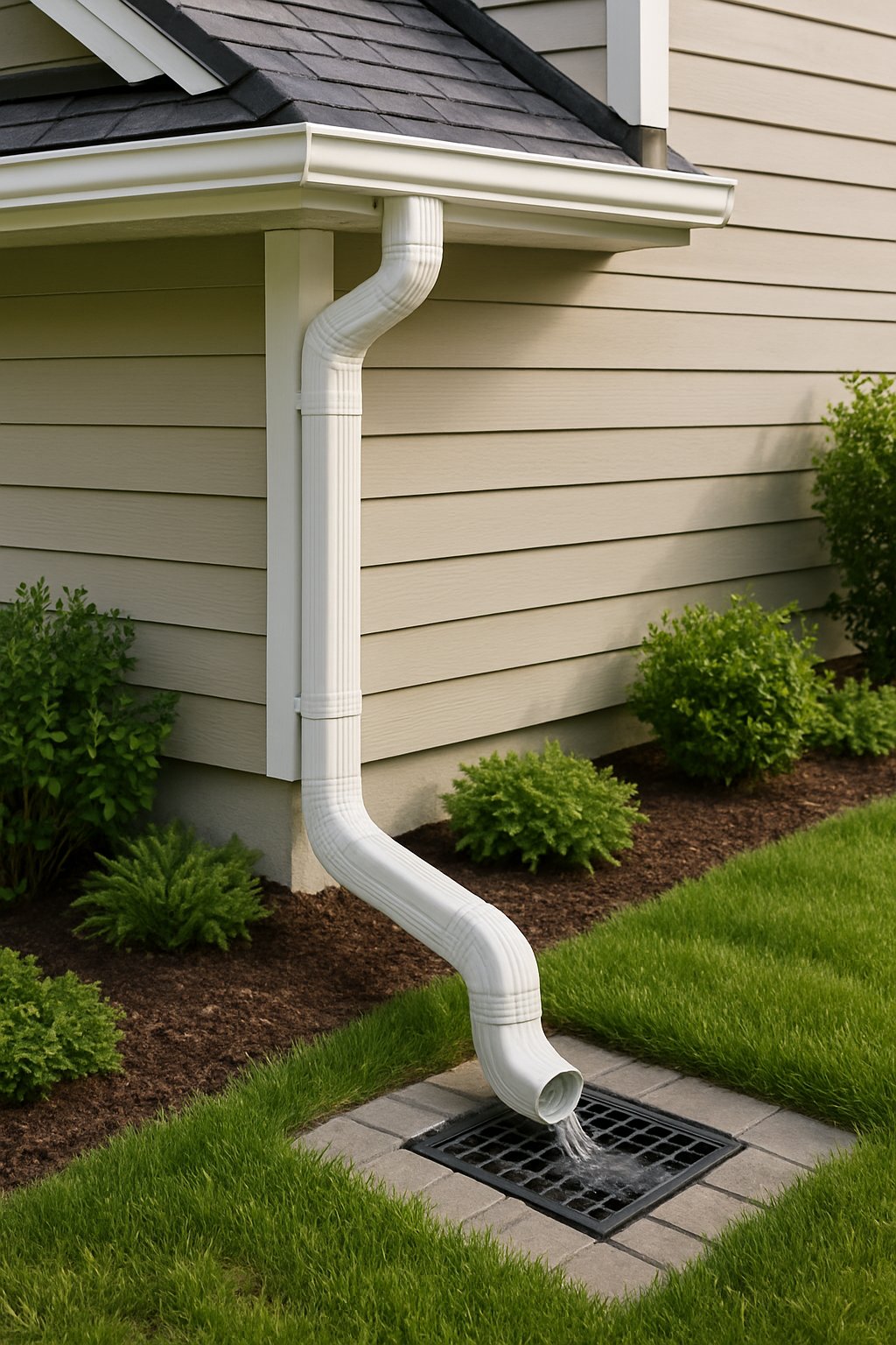 Close-up of rain gutters directing water runoff into storm drains near a house with landscaping.