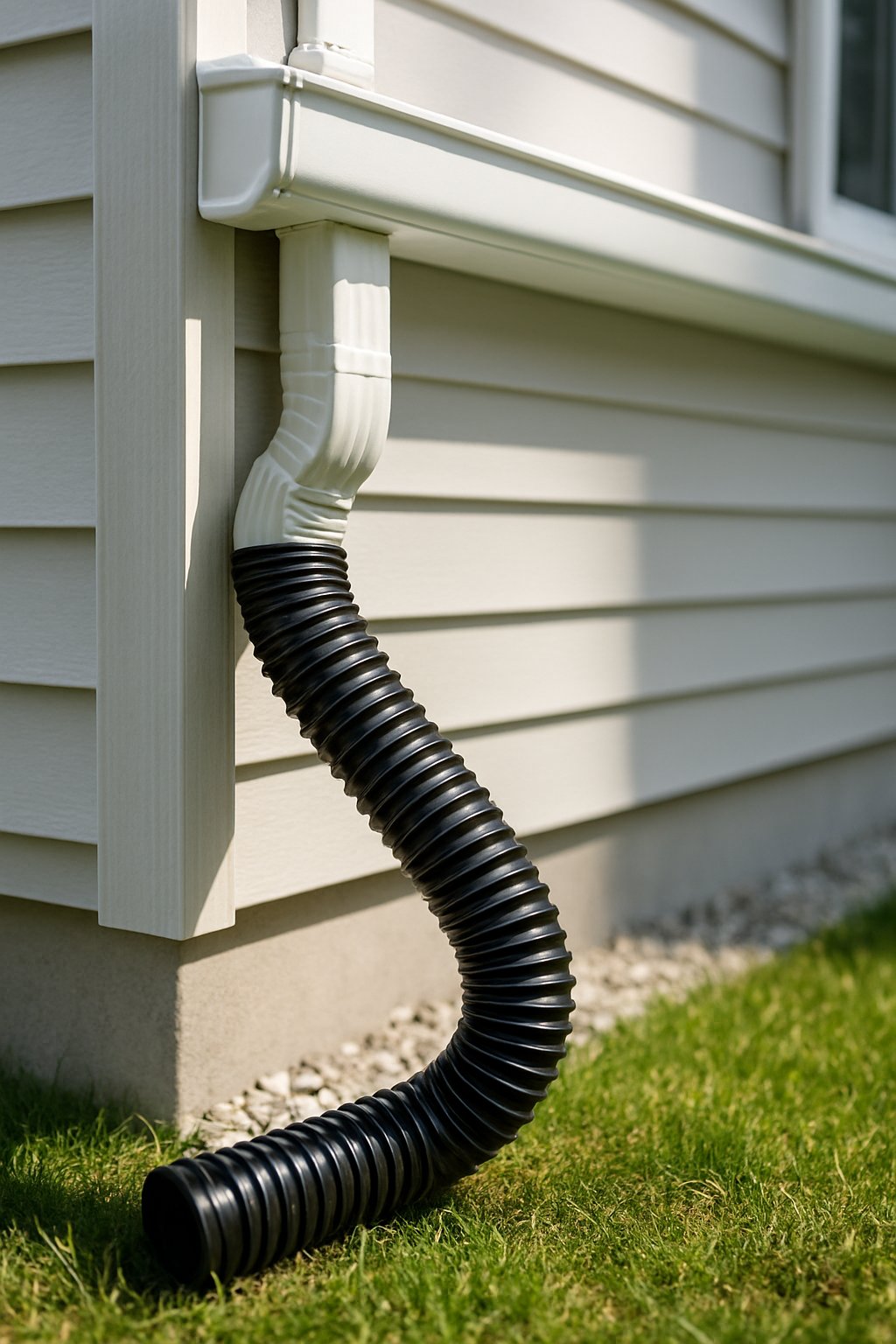 flexible downspout tubing attached to rain gutters on a house exterior directing water away from the foundation.