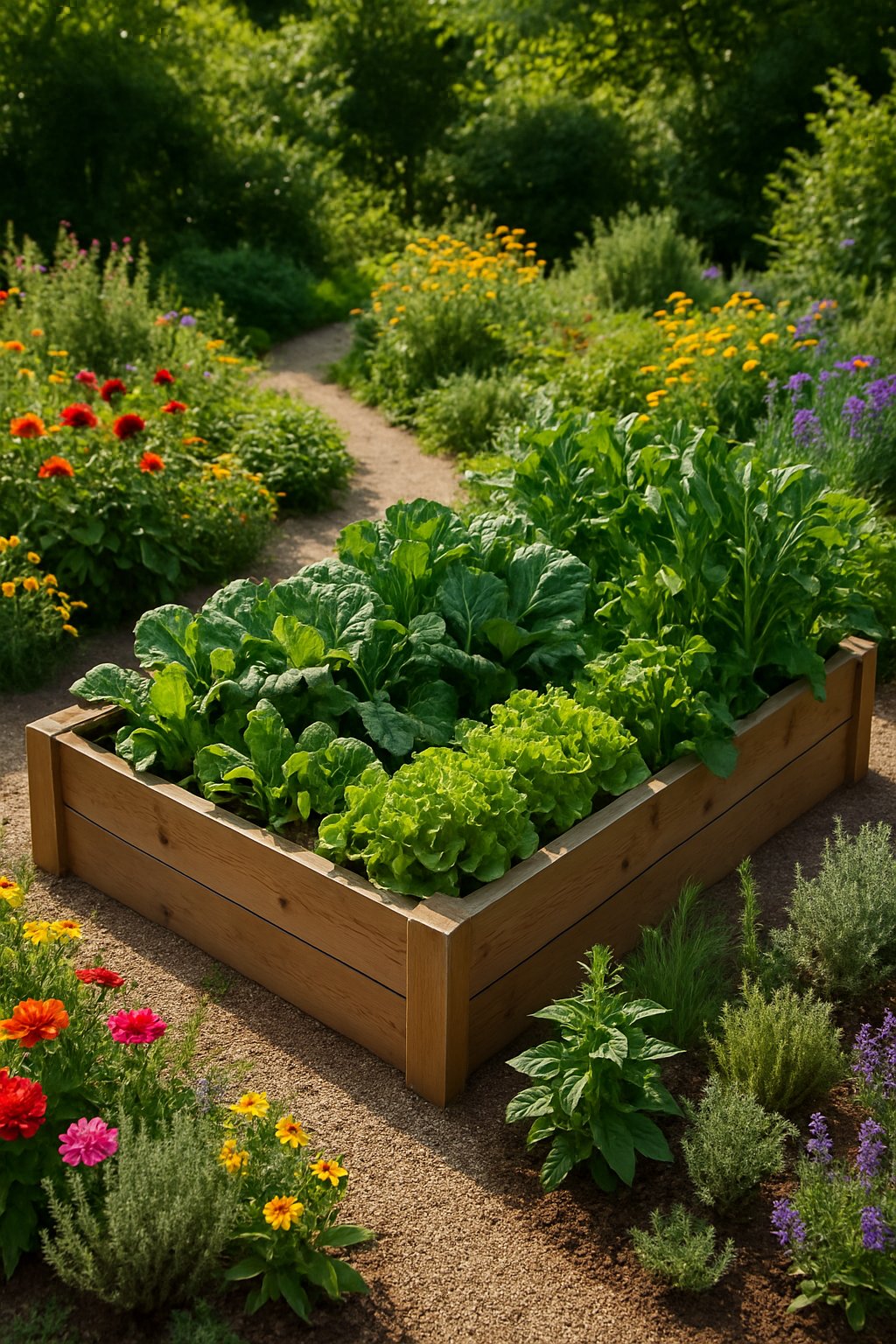 A raised vegetable patch surrounded by colorful flowers, herbs, and winding paths in a lush, dreamy garden setting