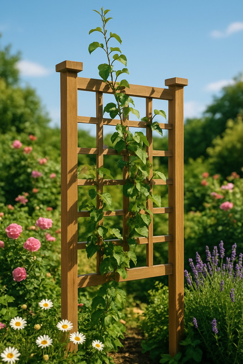 A wooden trellis stands in a lush garden, adorned with climbing plants reaching towards the sky. The surrounding area is filled with various flowers and greenery, creating a tranquil and dreamy atmosphere
