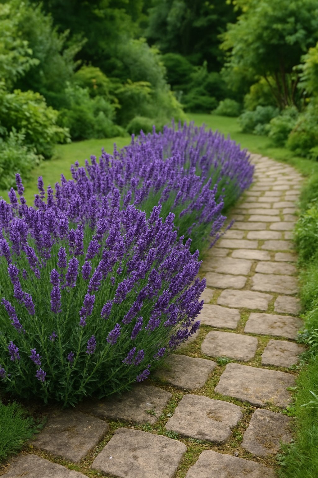 A row of fragrant lavender bushes line a winding stone path in a lush garden filled