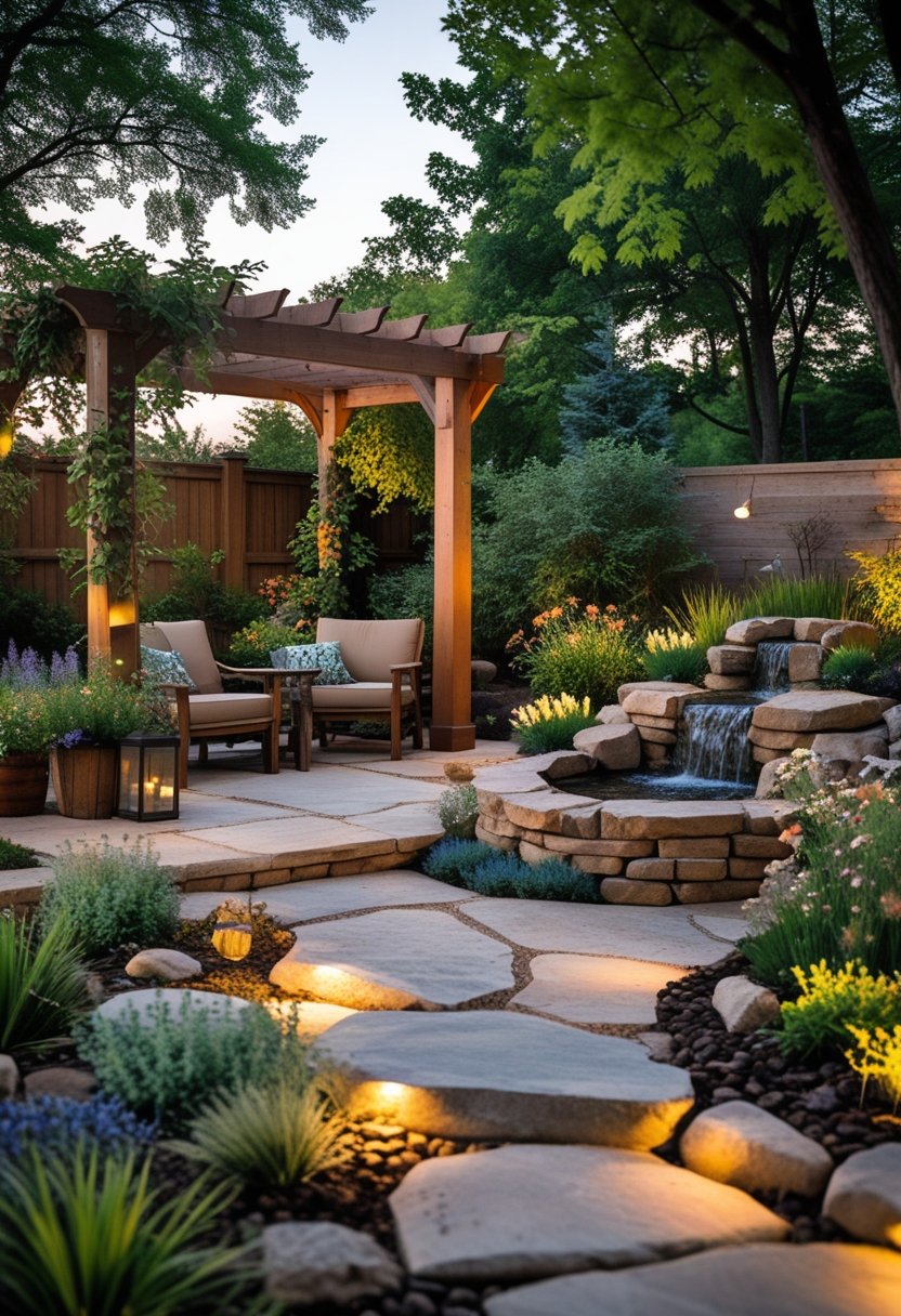 A backyard with a stone patio, wooden furniture, greenery, a wooden pergola with climbing plants, and a small stone water feature.