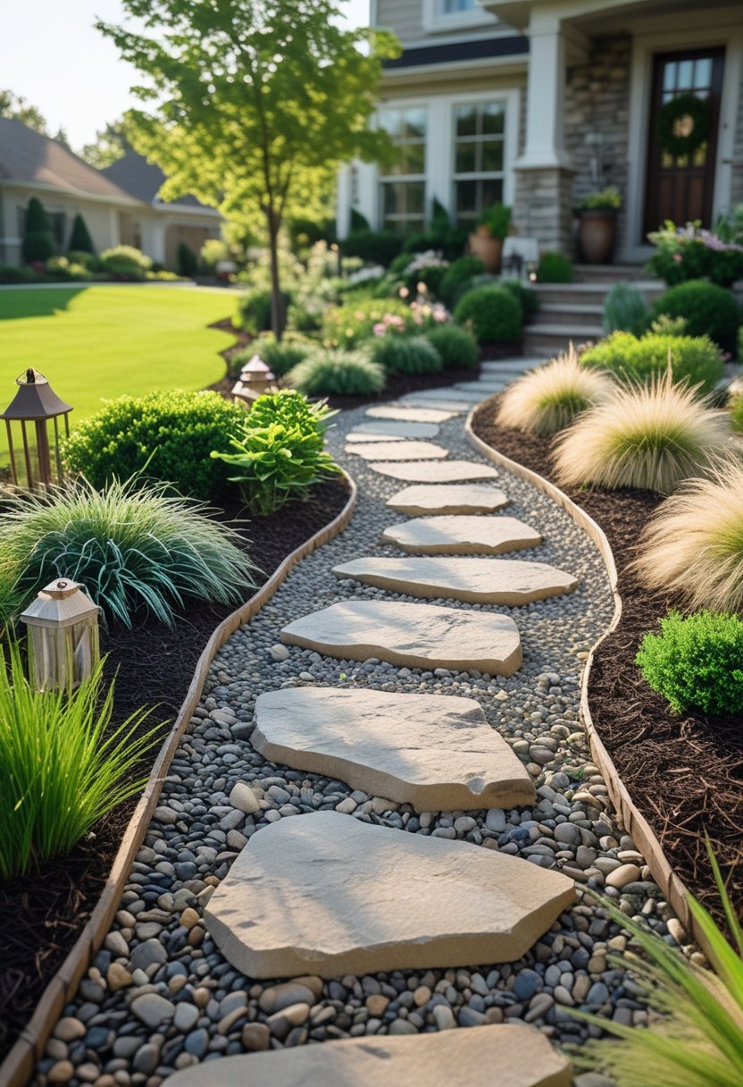 A stone and pebble garden path winding through a green front yard with plants and shrubs.