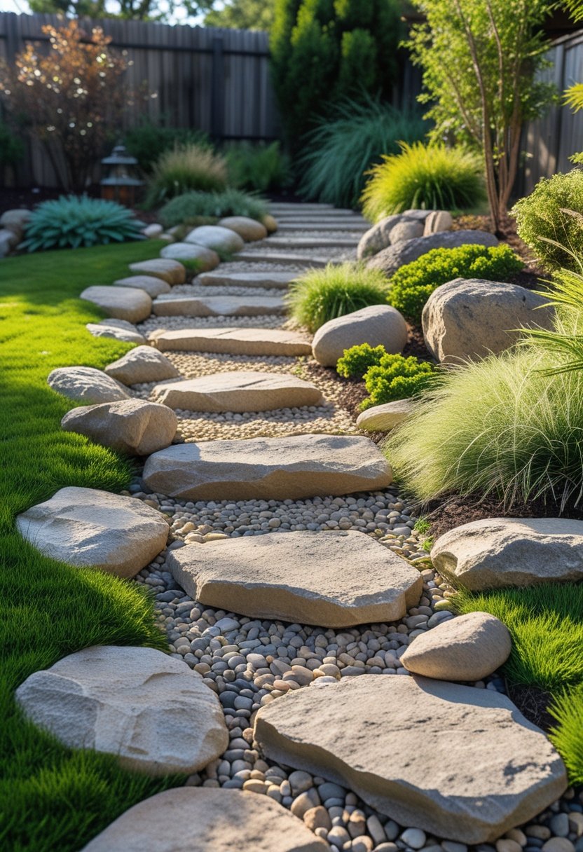 A backyard with a winding stone pathway made of large stones and small pebbles surrounded by green grass and plants.