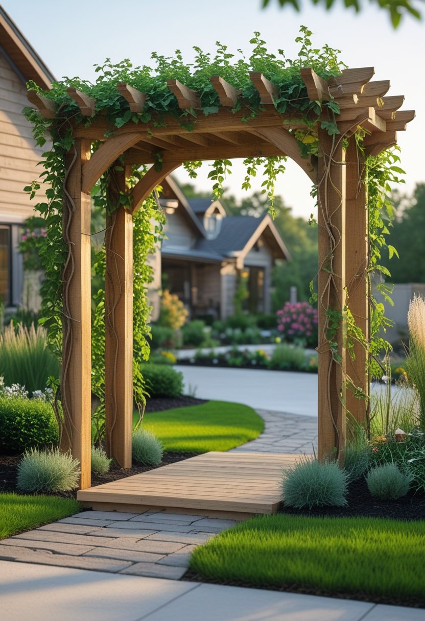 Wooden arbor covered with climbing vines in a front yard surrounded by plants and grass.