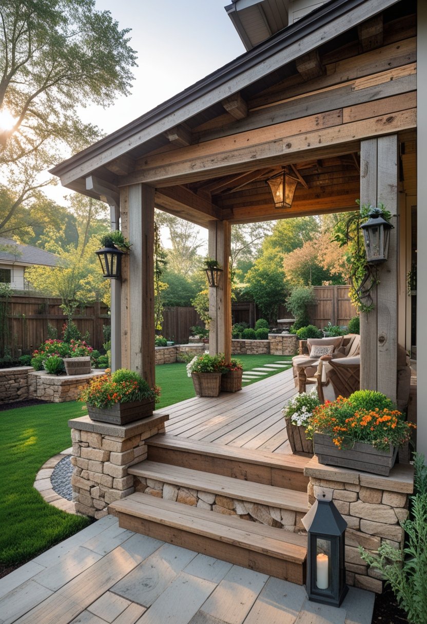 A rustic back porch made of reclaimed wood overlooking a landscaped backyard with stone pathways, wooden planters, flowers, and trees.