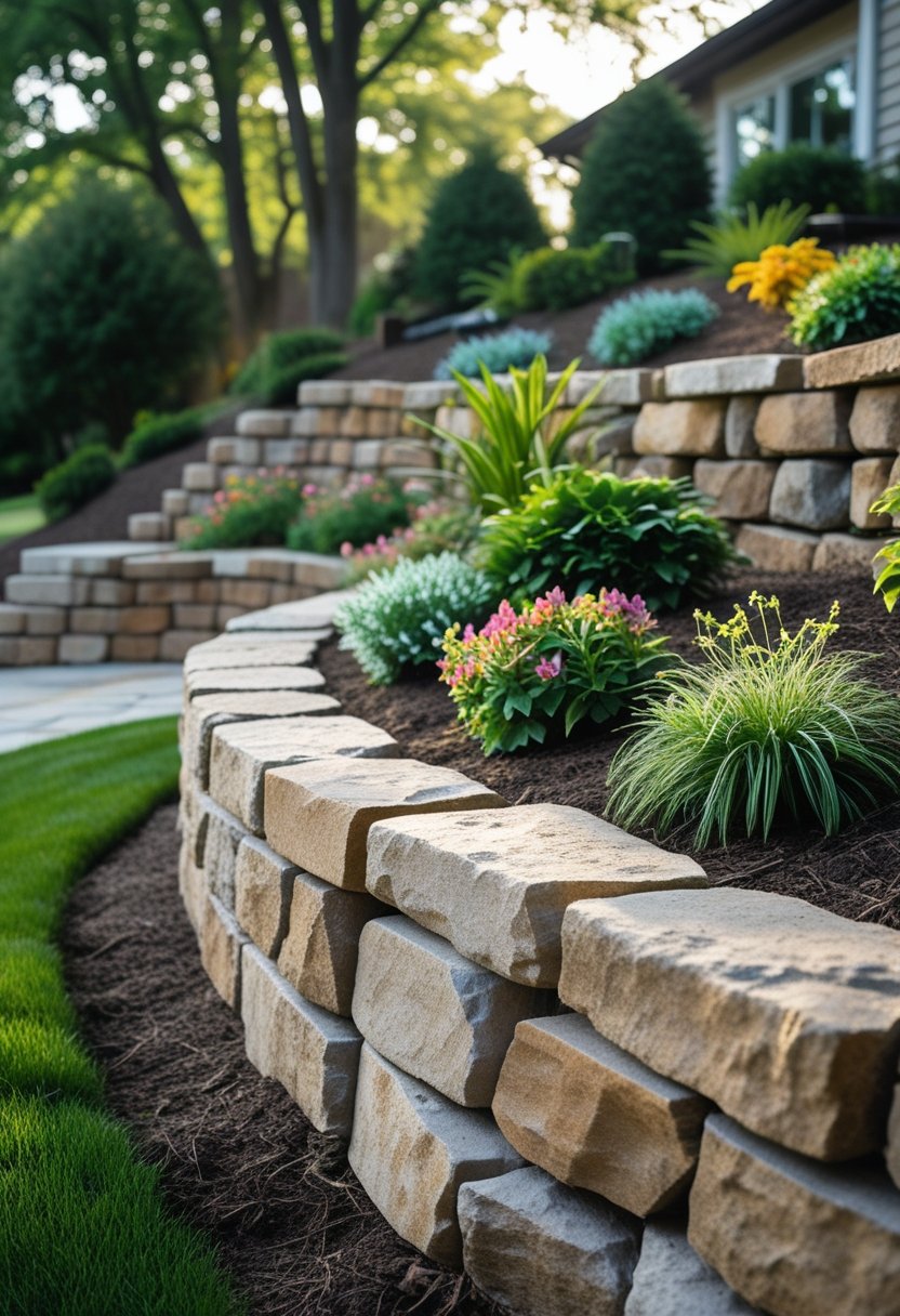 A front yard with a rustic stone retaining wall, garden plants, and a stone pathway surrounded by greenery.