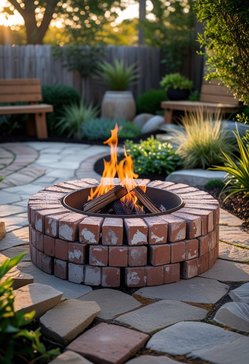 Backyard with a weathered brick fire pit surrounded by plants and wooden benches.