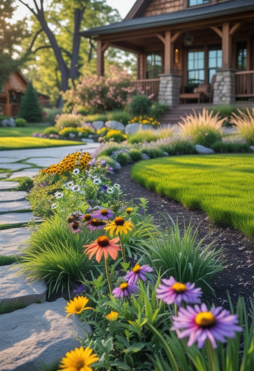 Front yard with a colorful native wildflower border along a stone pathway in front of a rustic house surrounded by trees and lawn.