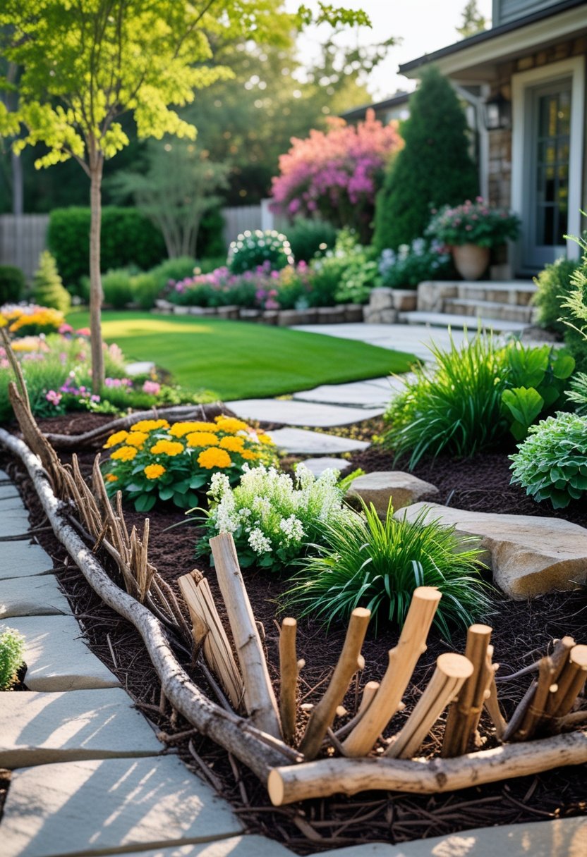 A front yard with garden beds bordered by rustic twig and branch edging, surrounded by flowers, plants, and a green lawn.