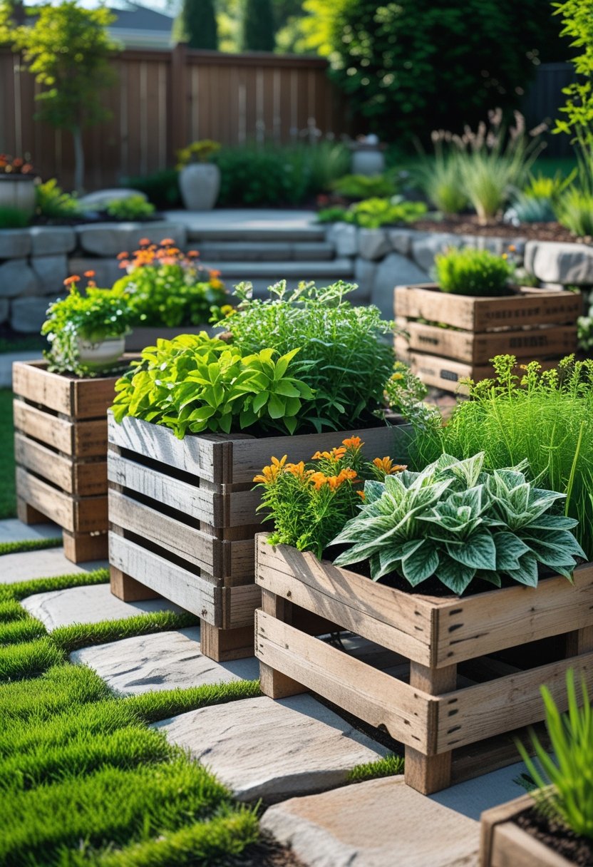 Backyard garden with wooden crate planters filled with green plants and flowers surrounded by grass and stone pathways.