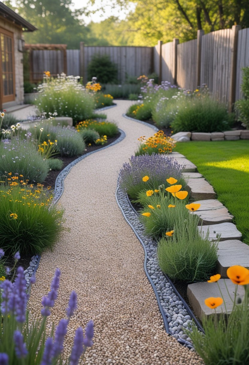A backyard with winding gravel pathways bordered by colorful wildflowers and rustic landscaping elements.
