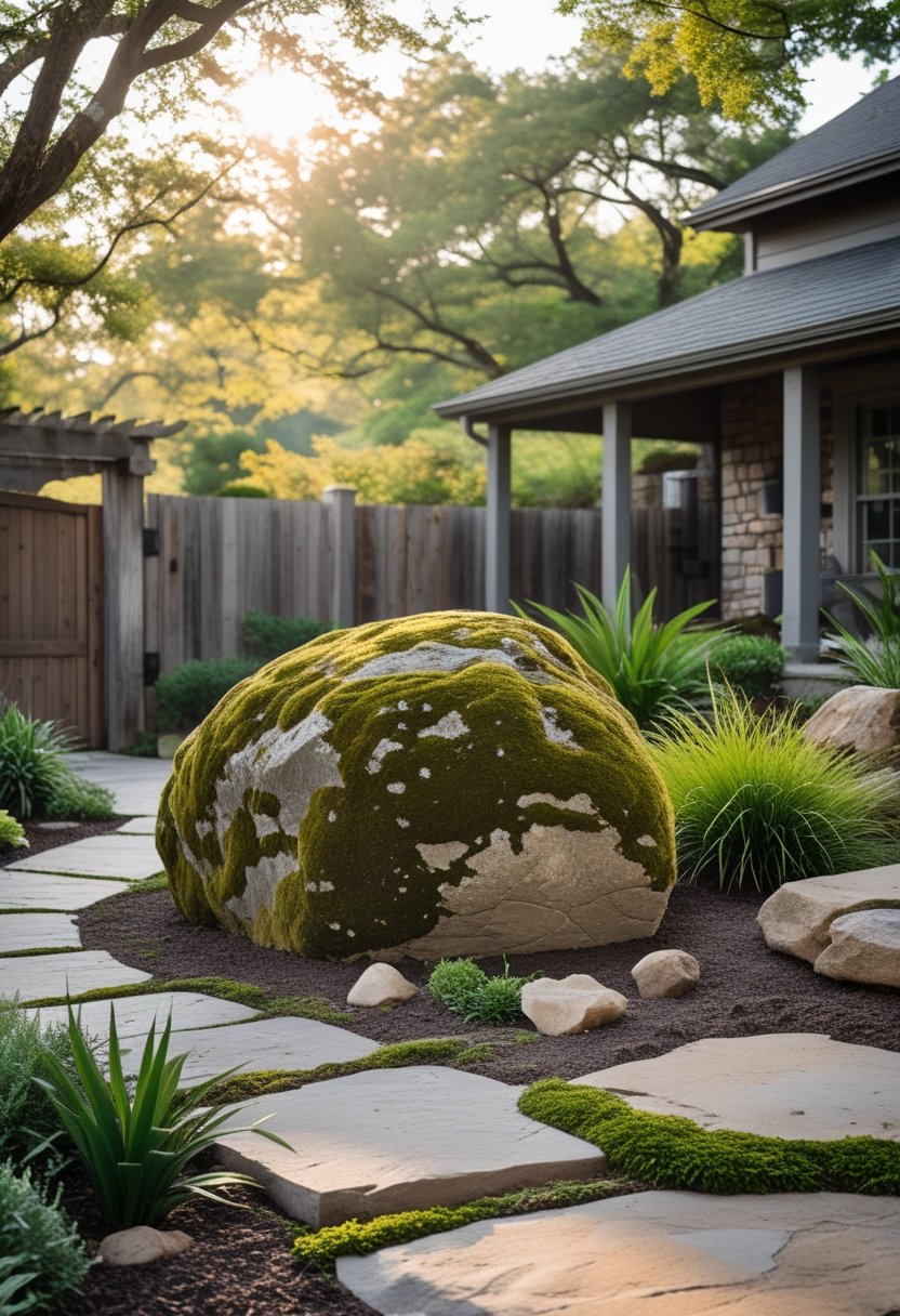 Front yard with a large moss-covered boulder surrounded by plants, stone pathways, and wooden fencing.
