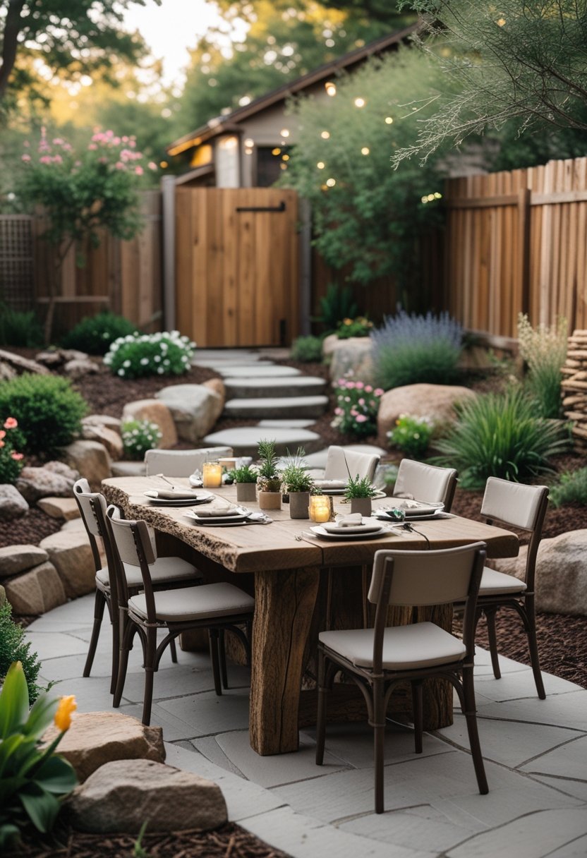 A backyard dining area with a rough wooden table surrounded by chairs and rustic landscaping with plants and stone pathways.