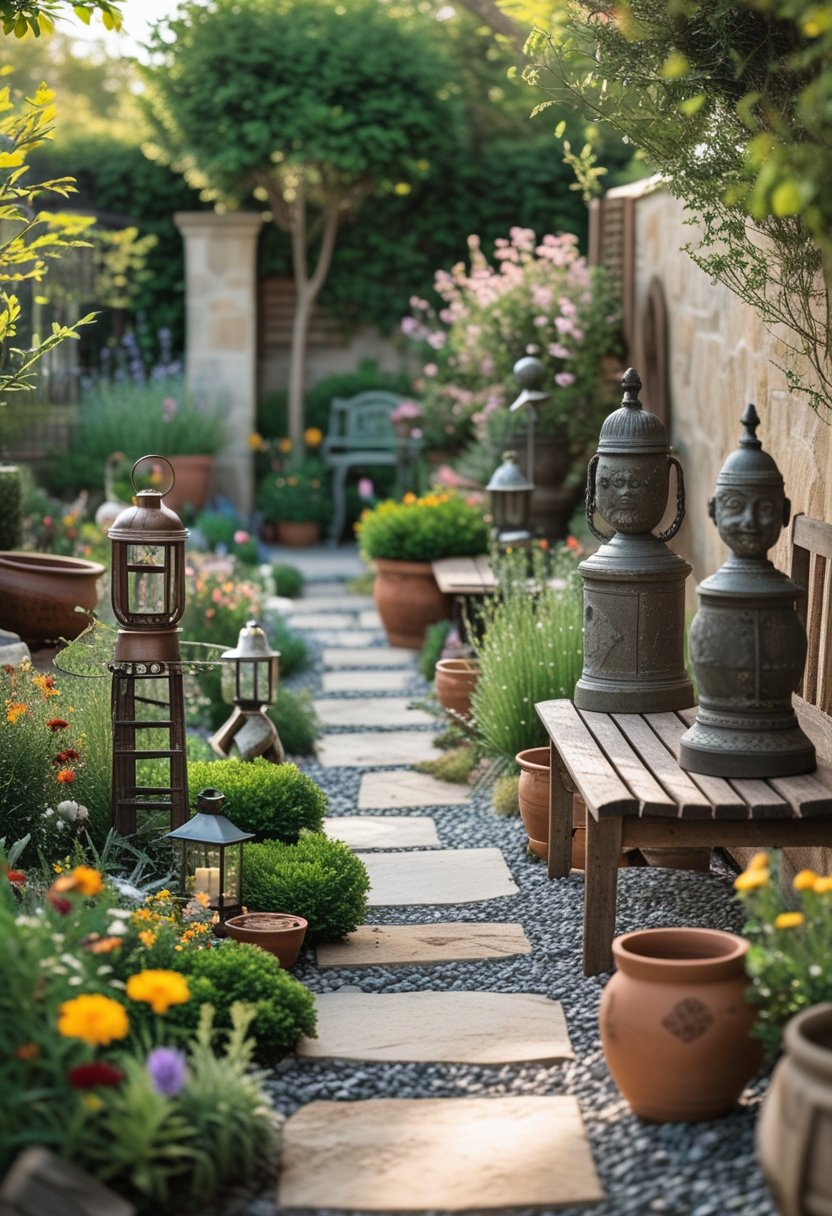 A backyard garden with metal statues, flowers, stone pathways, and wooden benches creating a peaceful outdoor space.